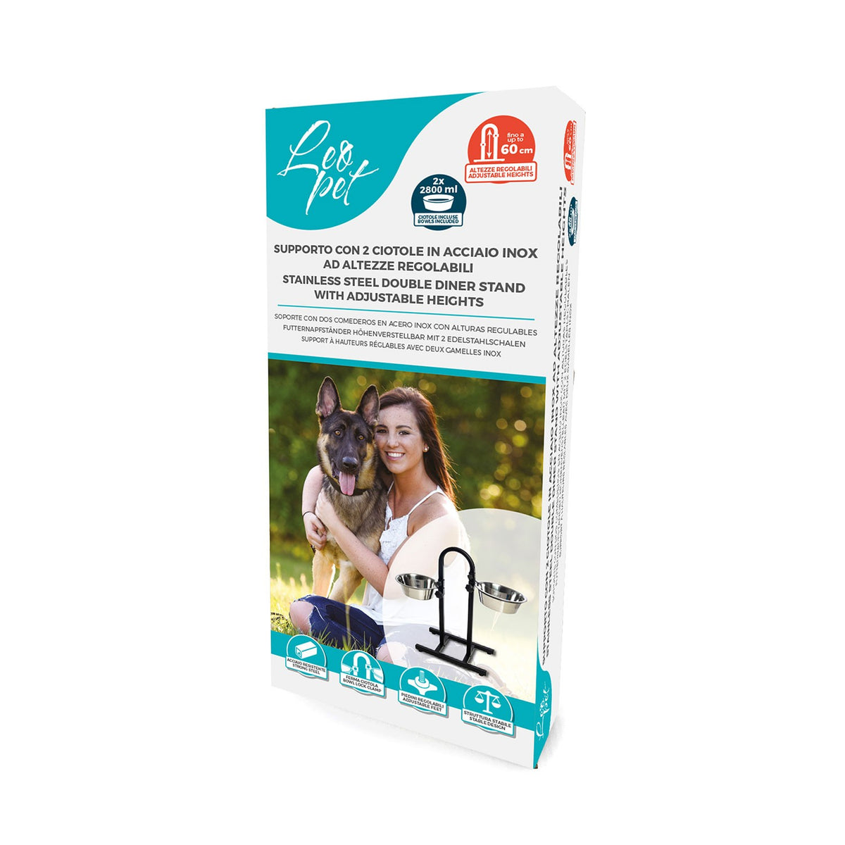 LeoPet Doppia Ciotola In Acciaio Inox Con Supporto Regolabile Ad U