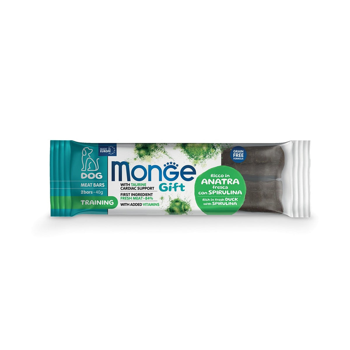 Monge Gift Training Dog Meat Bars Snack Per Cani Adulti Ricco in Anatra Fresca con Spirulina 40gr