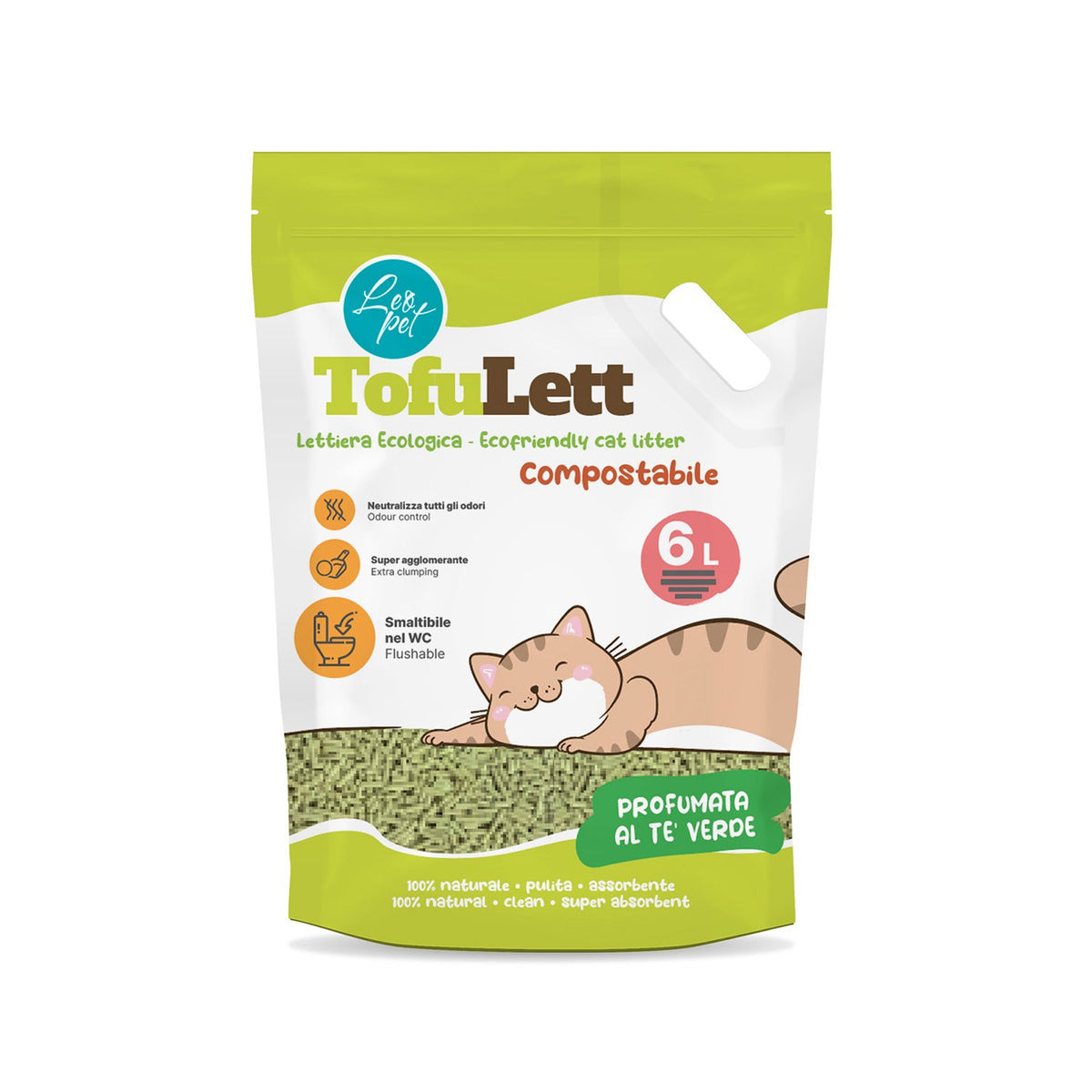 LeoPet TofuLett Lettiera Ecologica Compostabile Per Gatti Alla Soia Profumata Al Tè Verde 6 Lt