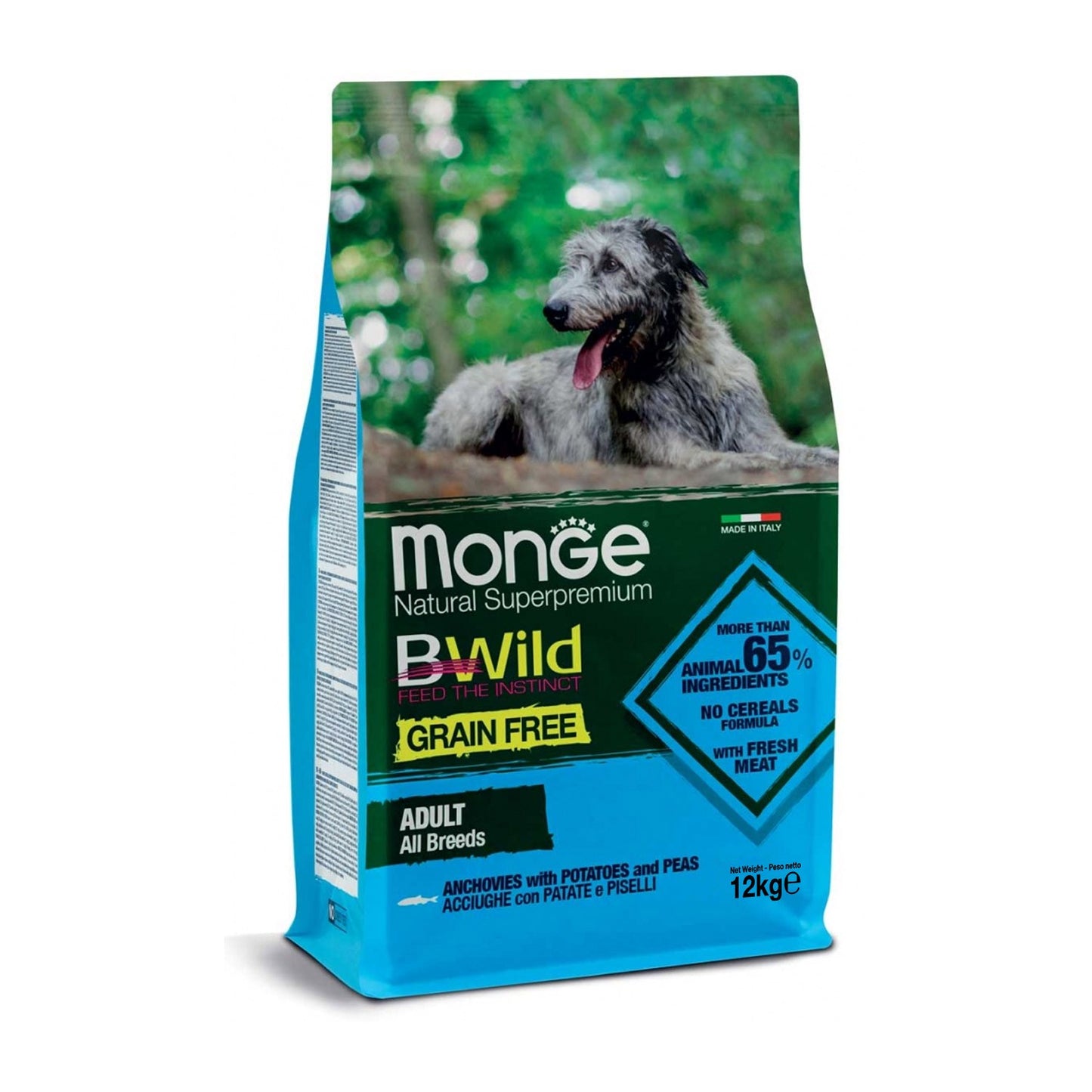 Monge BWild Natural SuperPremium Grain Free Formula All Breeds Crocchette Acciughe Con Patate E Piselli Per Cane Adulto