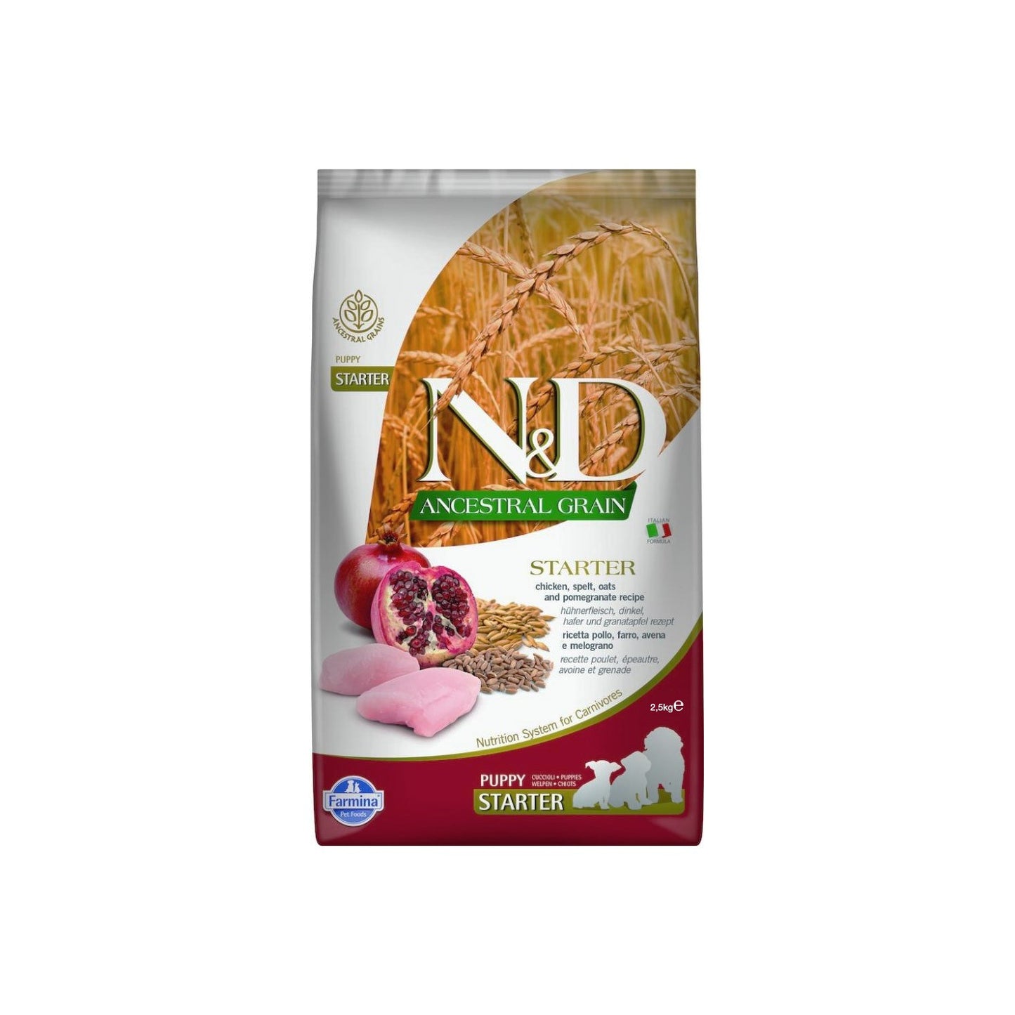Farmina N&D Ancestral Grain Starter Puppy Crocchette Per Cuccioli In Svezzamento Di Tutte le Taglie Con Pollo e Melograno 2,5kg