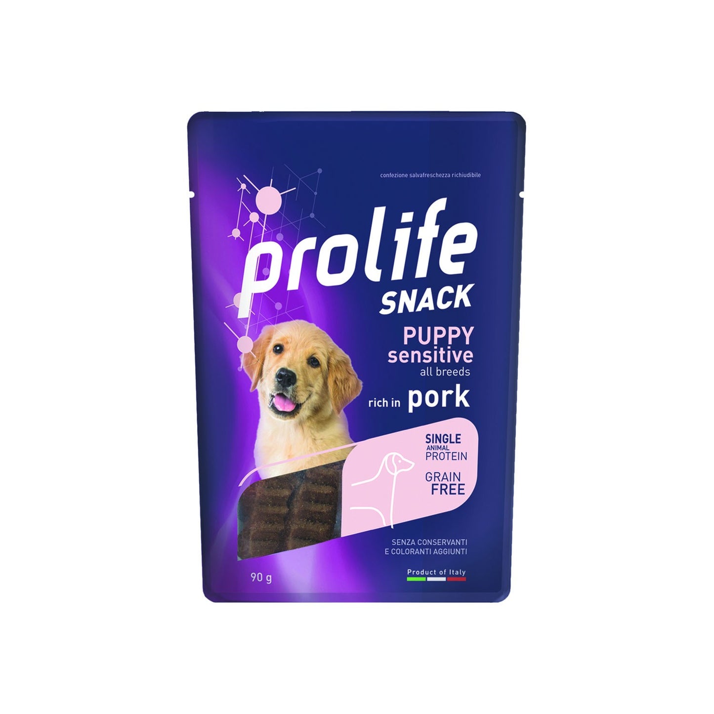 Prolife Snack Puppy Sensitive Grain Free Pork Alimento Complementare Ricco in Maiale Per Cuccioli di Tutte le Taglie 90gr
