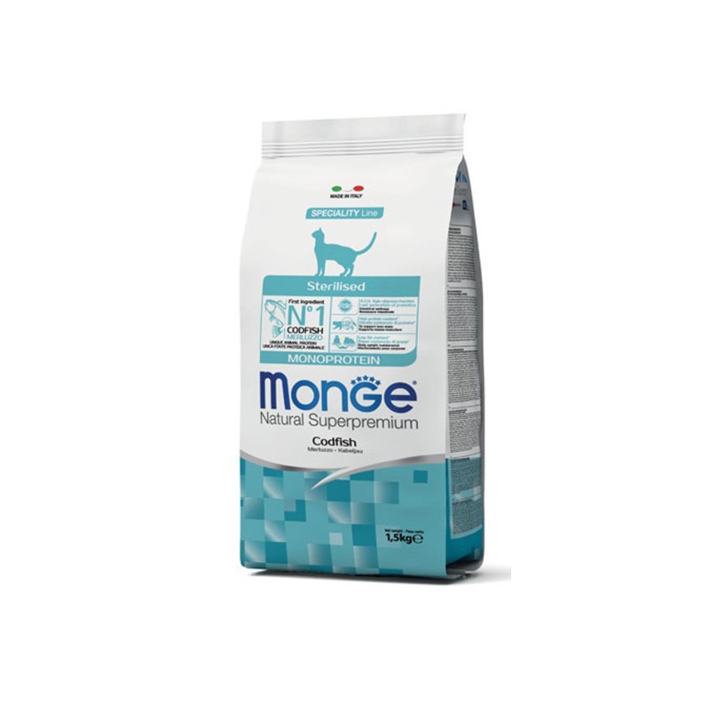 Monge Natural Superpremium Sterilised Monoprotein Con Merluzzo Per Gatti Adulti Sterilizzati 1,5kg