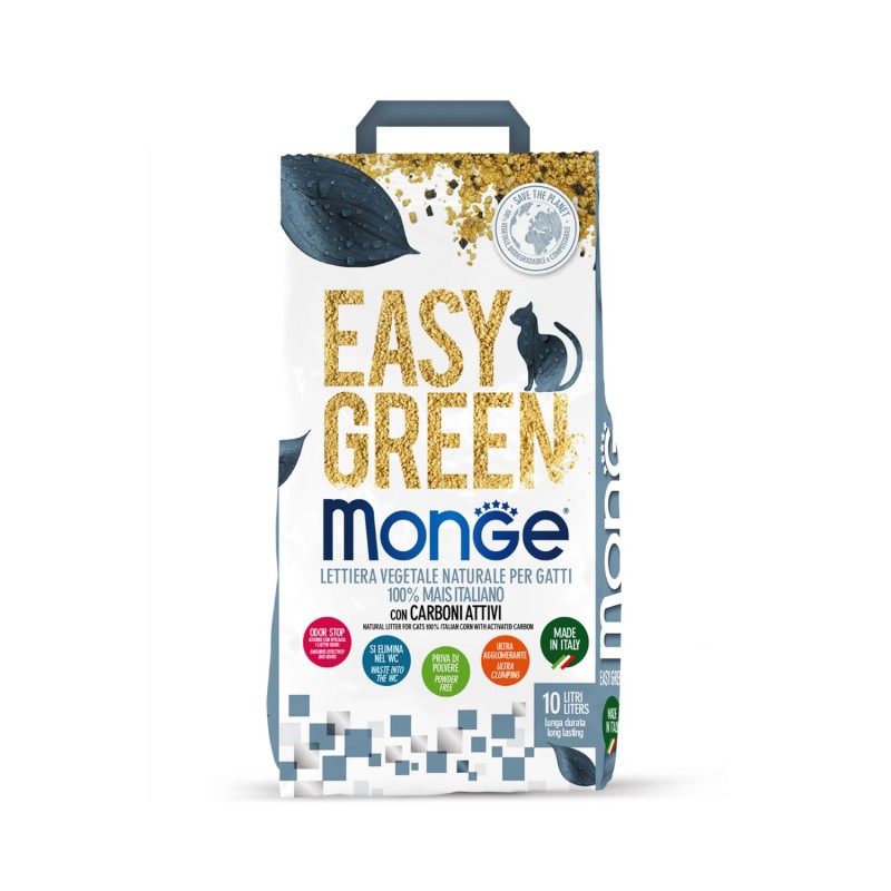 Monge Easy Green 100% Mais Con Carboni Attivi Italiano Lettiera Vegetale Naturale Per Gatti 10 Lt