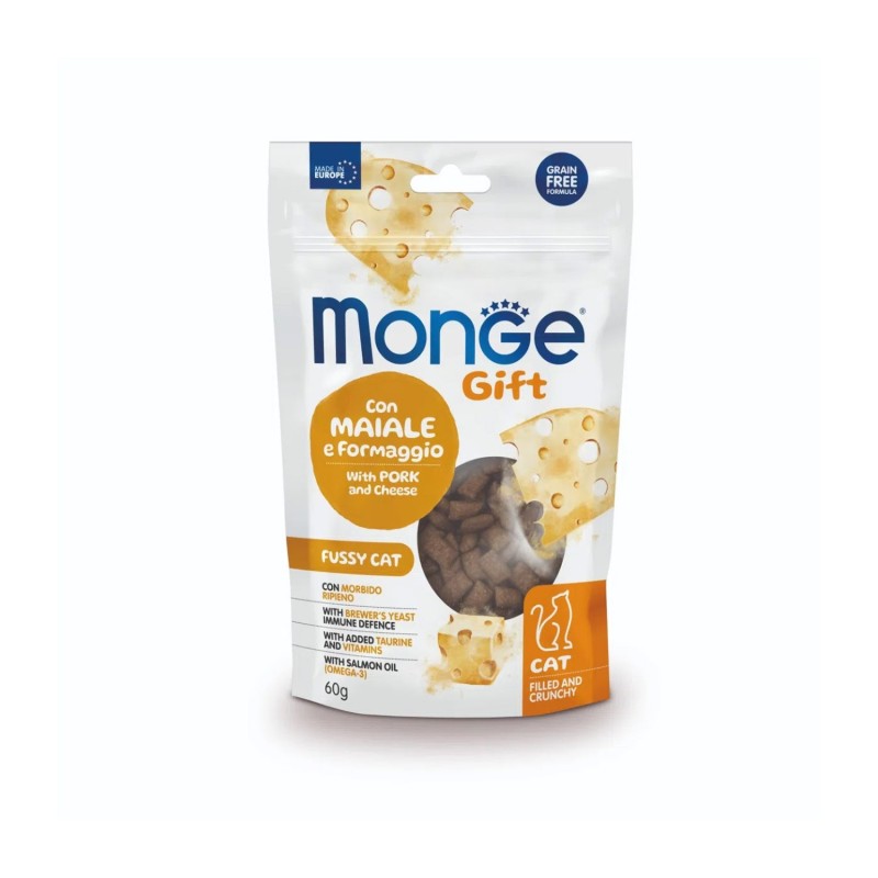 Monge Gift Cat Snack Appetito Difficile con Maiale e Formaggio Filled and Crunchy Per Gatti 60gr