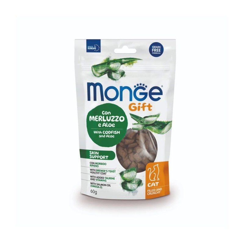 Monge Gift Skin Support Cat Snack con Merluzzo e Aloe Vera Filled and Crunchy Per Gatti 60gr