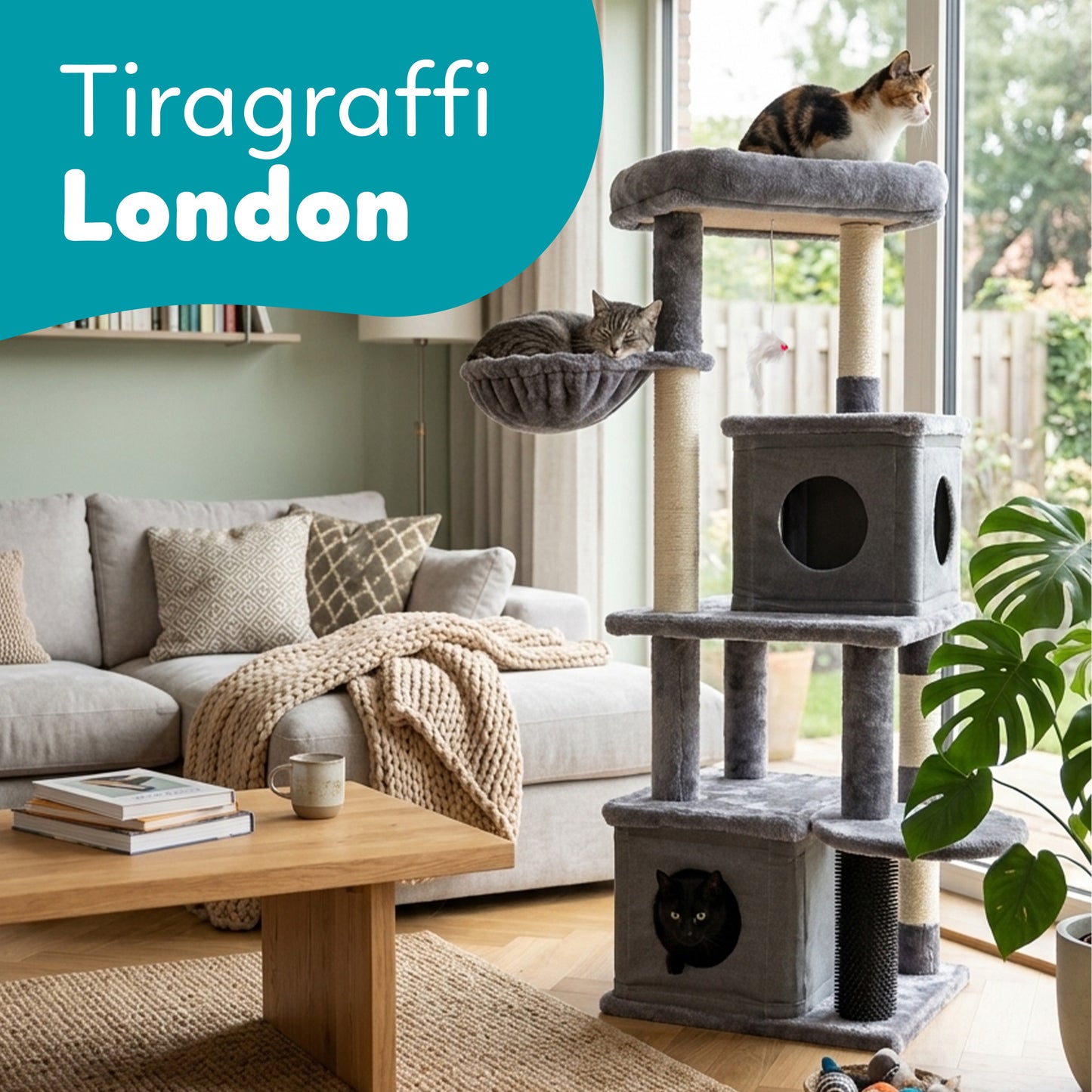 AqpetFriends London Tiragraffi Trespolo per Gatti 125 cm – Tiragraffi con Cucce, Amaca e Sisal