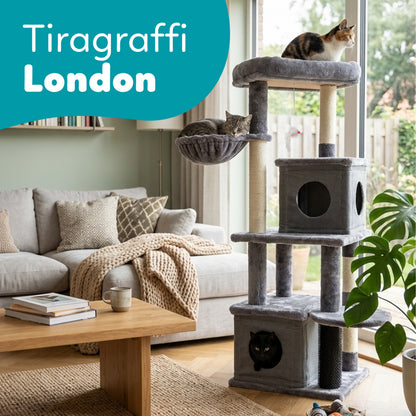 AqpetFriends London Tiragraffi Trespolo per Gatti 125 cm – Tiragraffi con Cucce, Amaca e Sisal