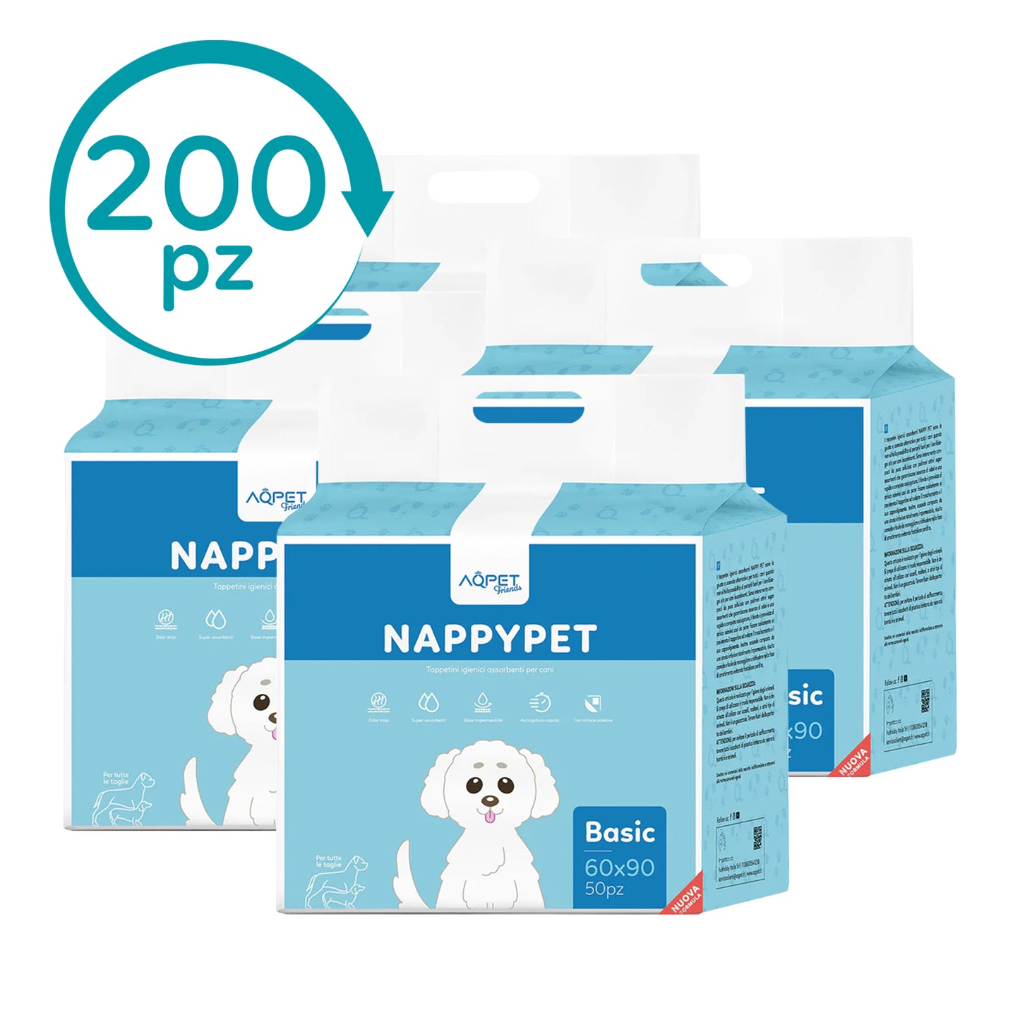 AqpetFriends Nappy Pet Basic Tappetino Assorbente Con Strisce Adesive 200 pz (4 confezioni da 50 pezzi)