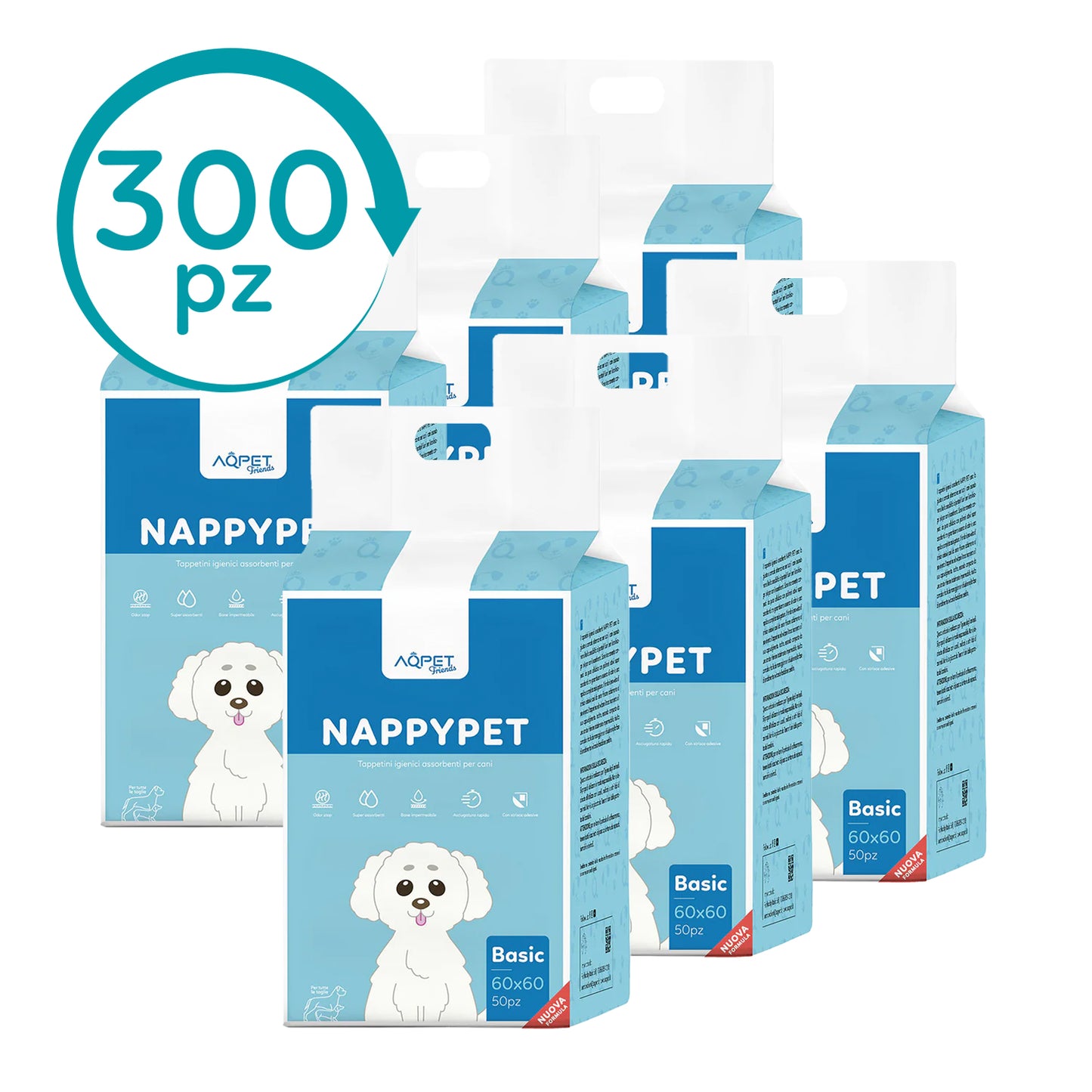 AqpetFriends Nappy Pet Basic Tappetino Assorbente Con Strisce Adesive 300 pz (6 confezioni da 50 pezzi)