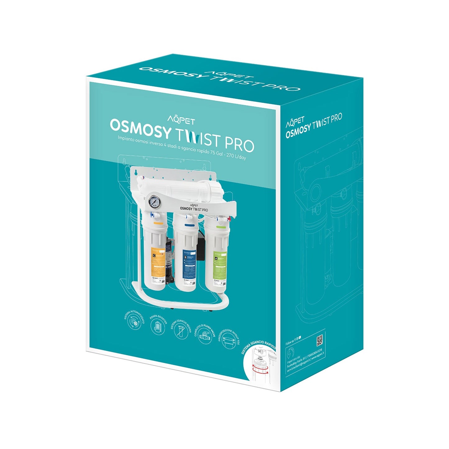 Aqpet Osmosy Twist Pro Impianto Osmosi Sgancio Rapido 4 Stadi 75 Gal-270 L/day