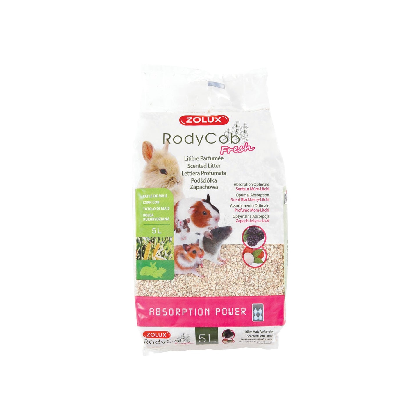 Zolux Lettiera Vegetale a base di Tutolo di Mais Profumata Mora-Litchi Naturale Assorbente per Roditori e Conigli 5 lt