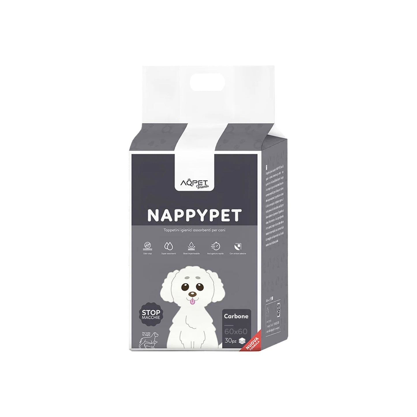 AqpetFriends Nappy Pet Carbo Tappetino Assorbente Con Strisce Adesive Al Carbone Attivo 30 pz
