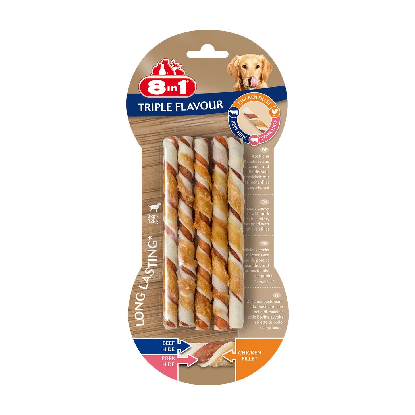 8in1 Flavours Triple Flavour Twisted Stiks Bastoncini Arrotolati Triplo Gusto Da Masticare Per Cani