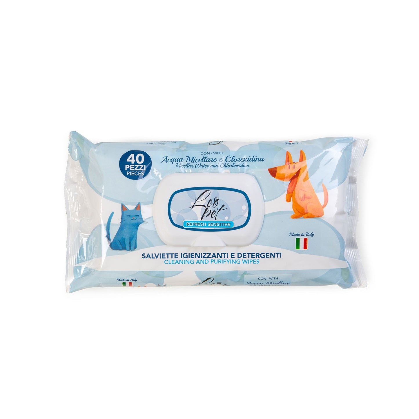 LeoPet Salviettine Igienizzanti E Detergenti Per Cani E Gatti 40pz All'Acqua Micellare E Clorexidina