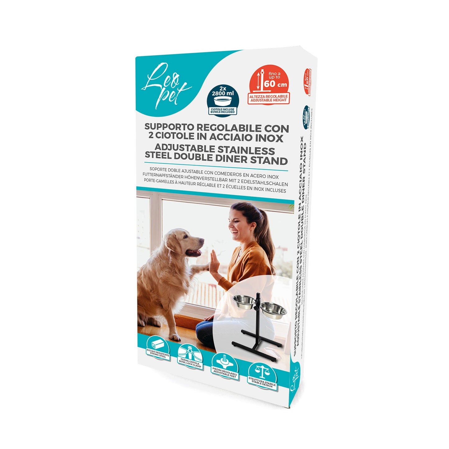 LeoPet Doppia Ciotola In Acciaio Inox Con Supporto Regolabile Ad "H"