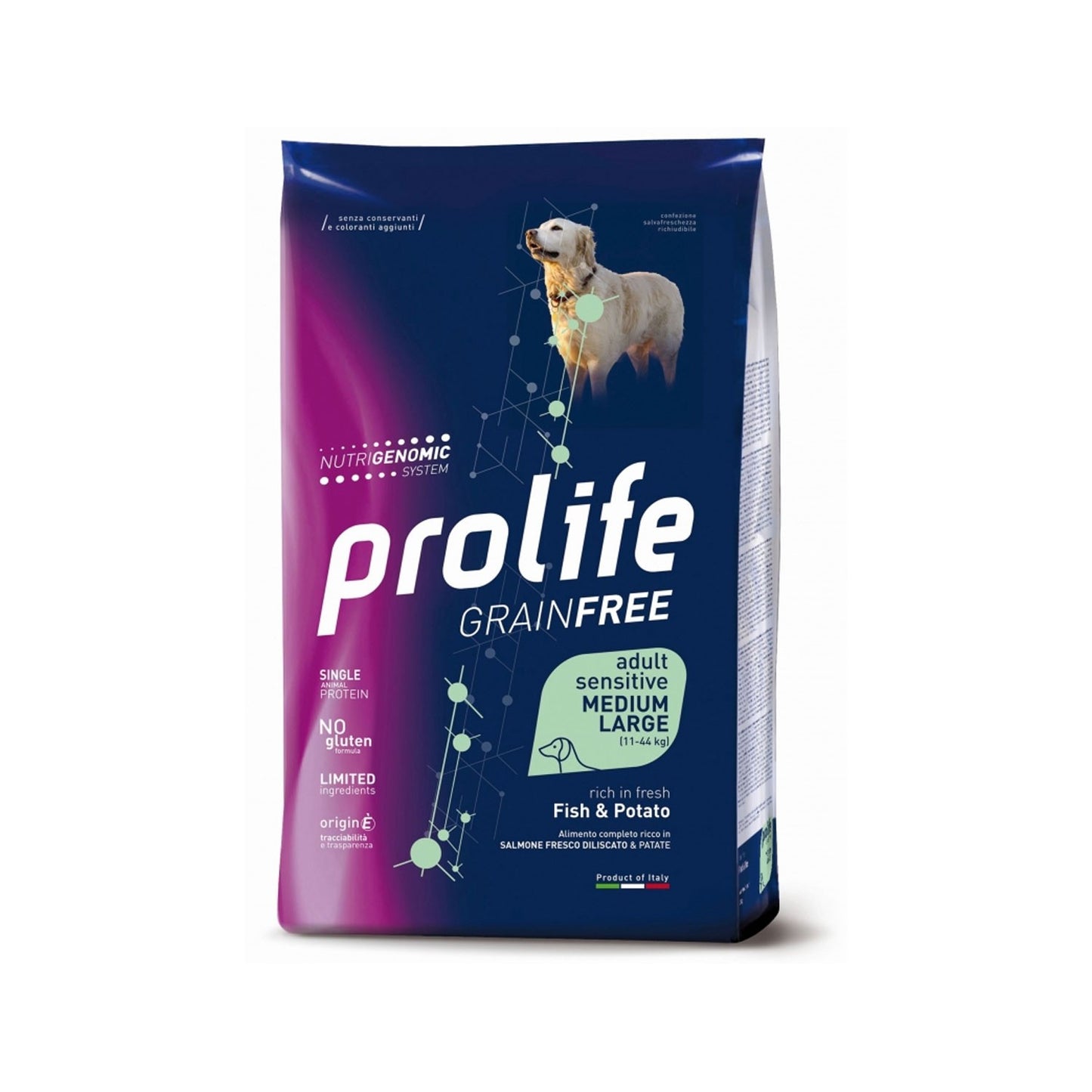 Prolife Grain Free Adult Sensitive Fish & Potato Medium/Large Crocchette Di Salmone E Patate Per Cani Adulti 10kg