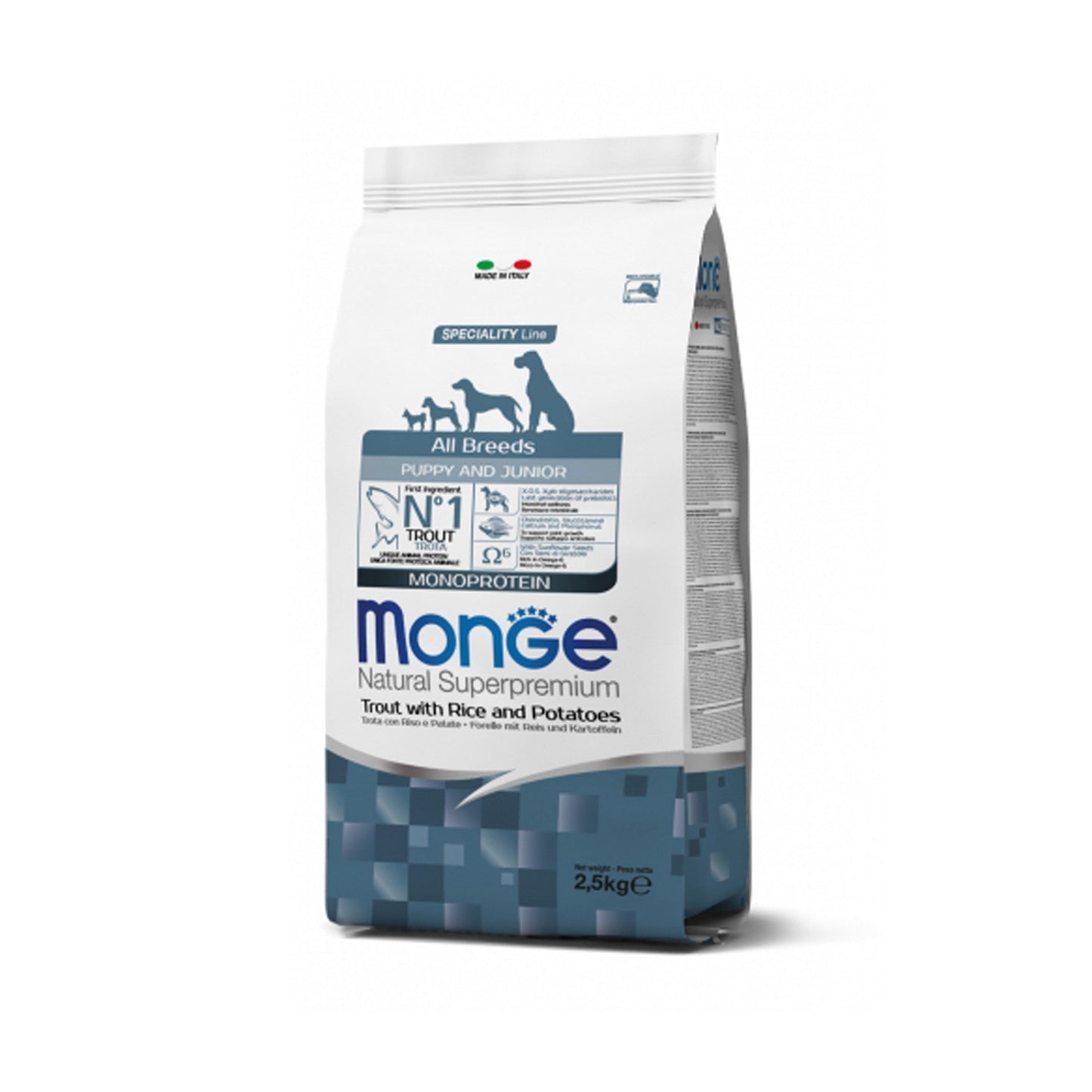 Monge Natural Superpremium All Breeds Puppy & Junior Monoprotein Trota con Riso e Patate Per Cuccioli Di Tutte Le Taglie