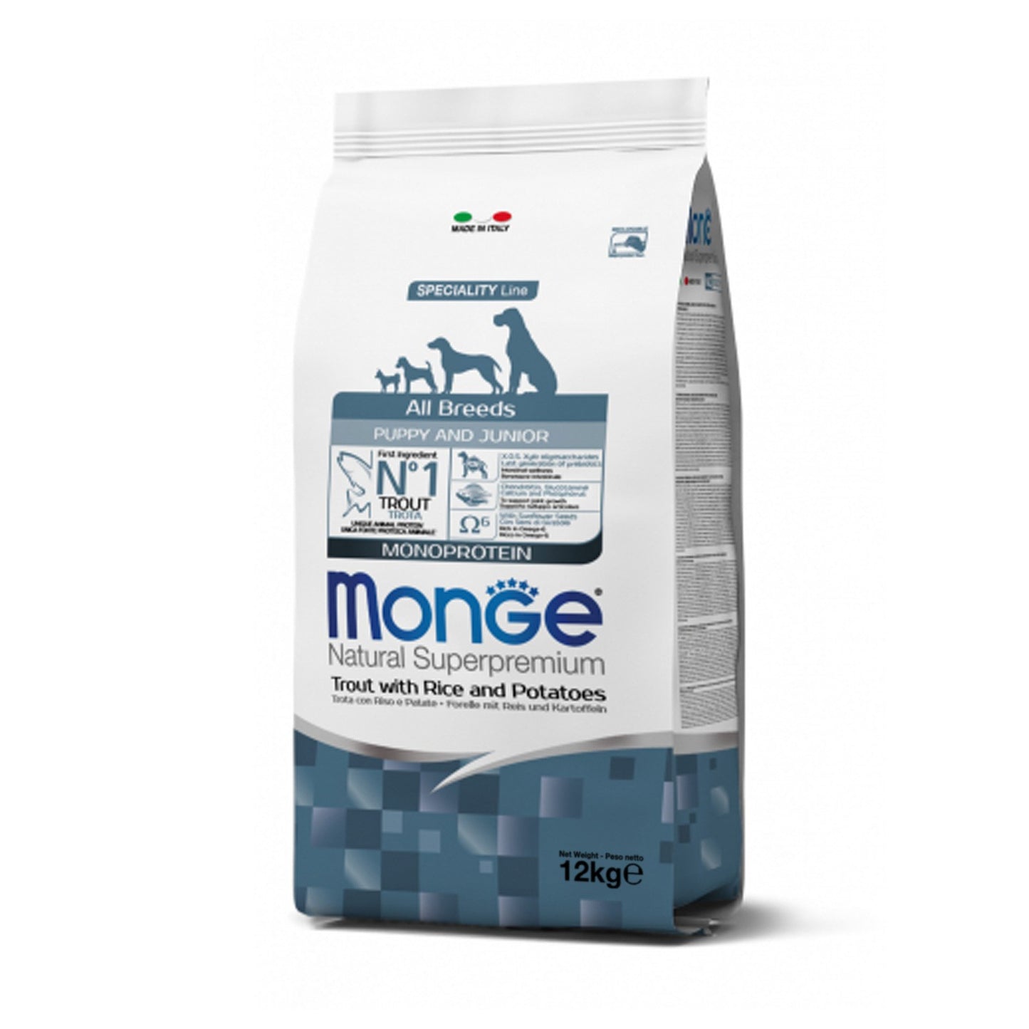 Monge Natural Superpremium All Breeds Puppy & Junior Monoprotein Trota con Riso e Patate Per Cuccioli Di Tutte Le Taglie