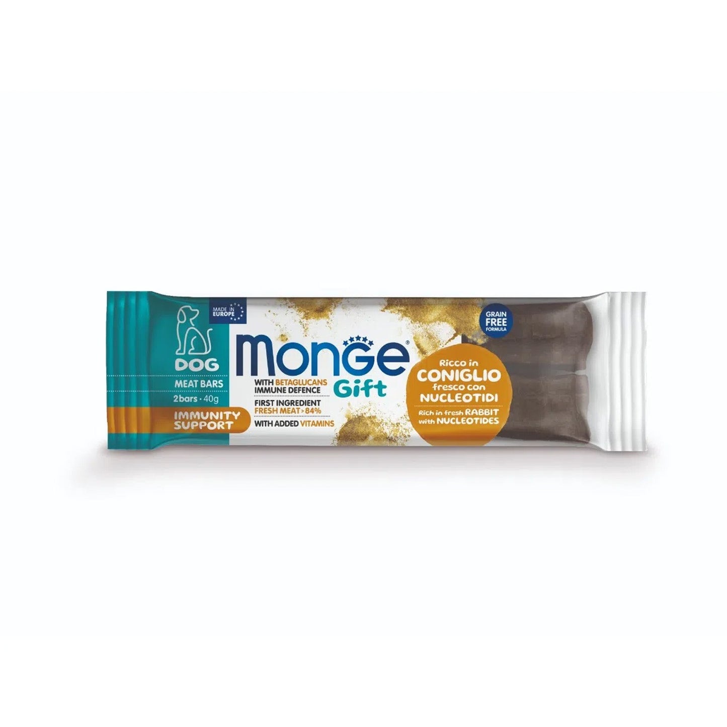 Monge Gift Immunity Support Dog Meat Bars Snack Per Cani Adulti Ricco in Coniglio Fresco con Nucleotidi e Betaglucani 40gr