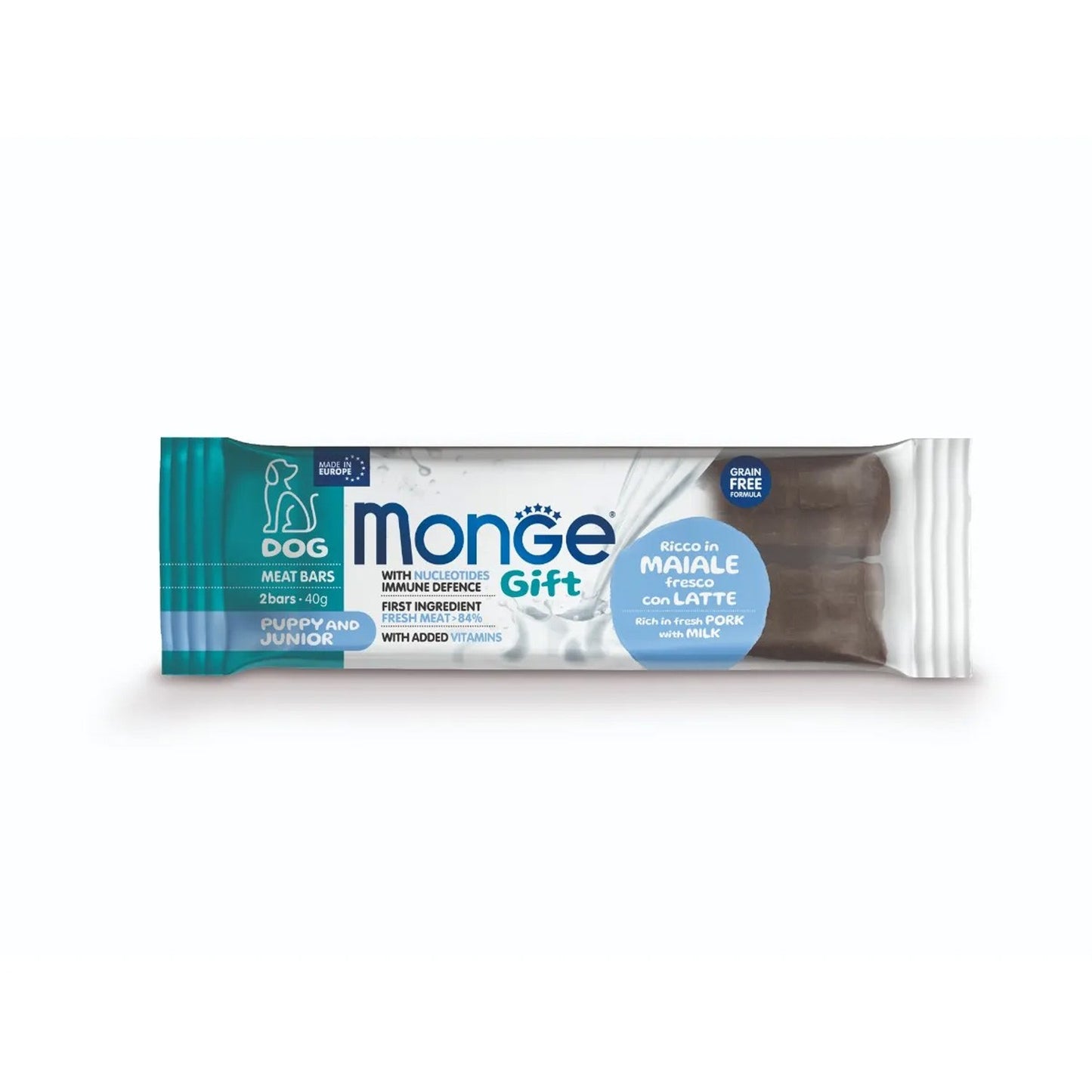 Monge Gift Puppy And Junior Dog Meat Bars Snack Per Cuccioli Ricco in Maiale Fresco con Latte e Nucleotidi 40gr