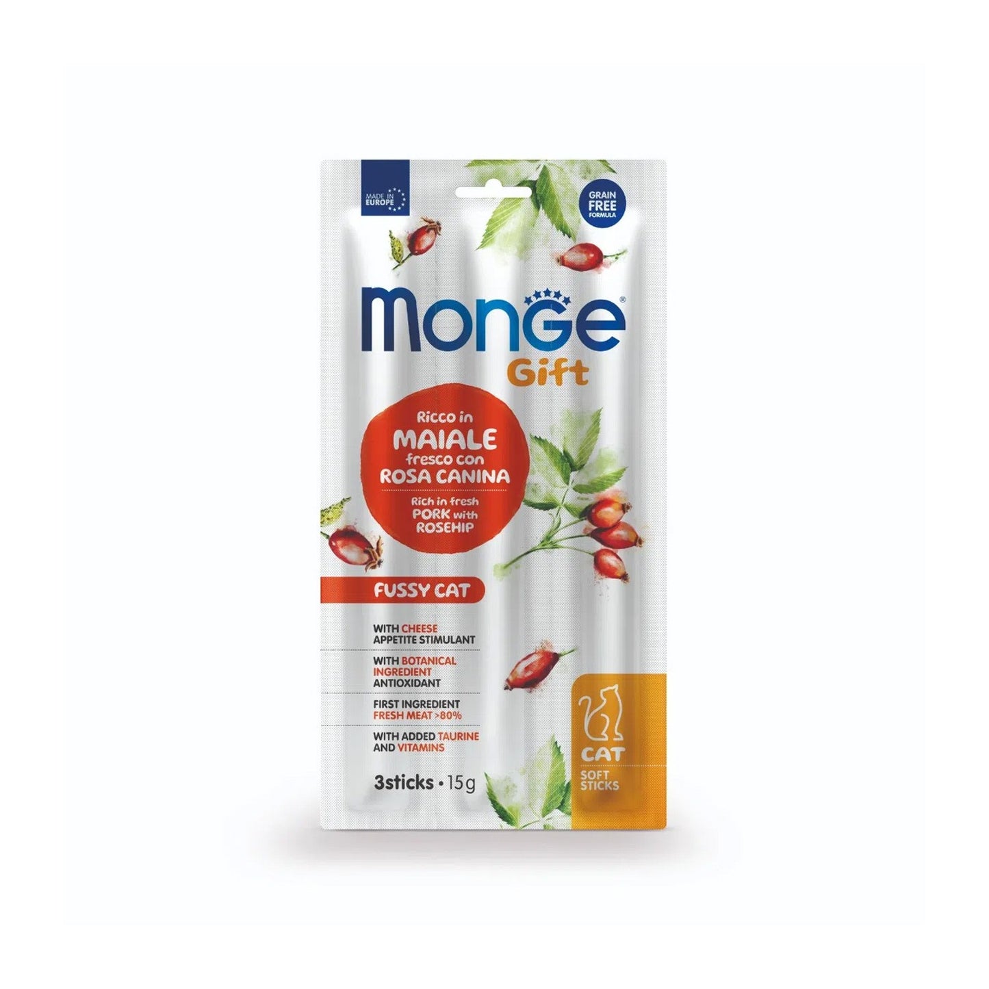 Monge Gift Cat Appetito Difficile Ricco in Maiale Fresco con Rosa Canina e Formaggio Soft Sticks Per Gatti Adulti 15g