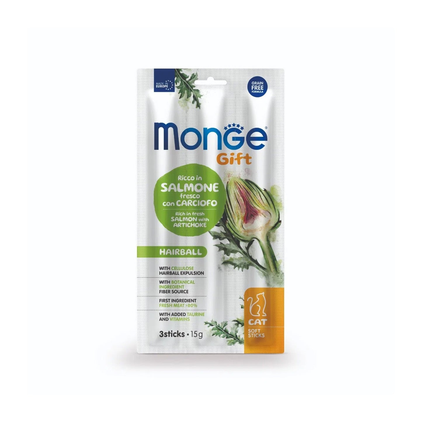 Monge Gift Hairball Cat Ricco in Salmone Fresco con Carciofo Soft Sticks Per Gatti Adulti 15g