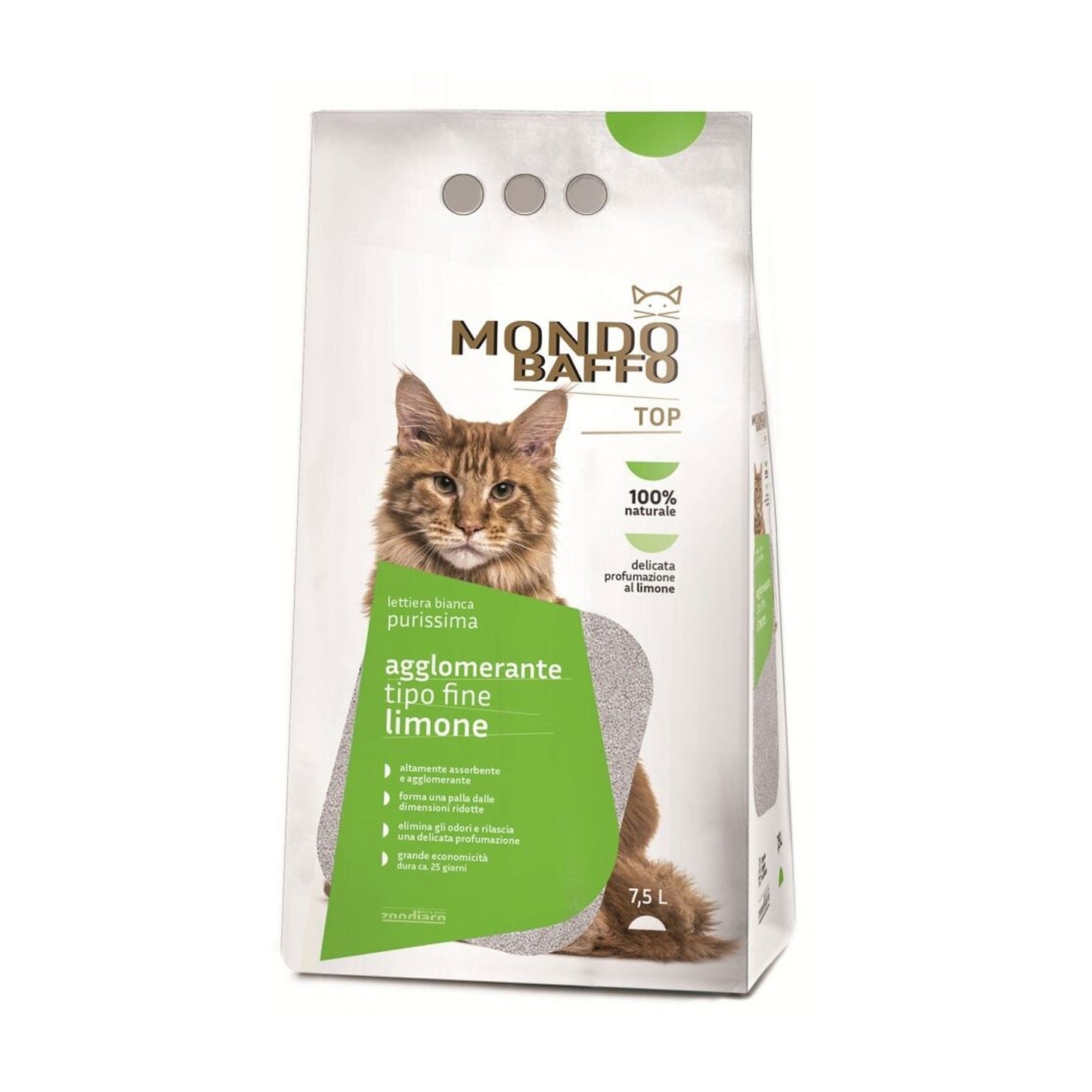 Mondo Baffo Top Lettiera Bianca Purissima Agglomerante Tipo Fine Profumata Al Limone Per Gatti 7,5 L
