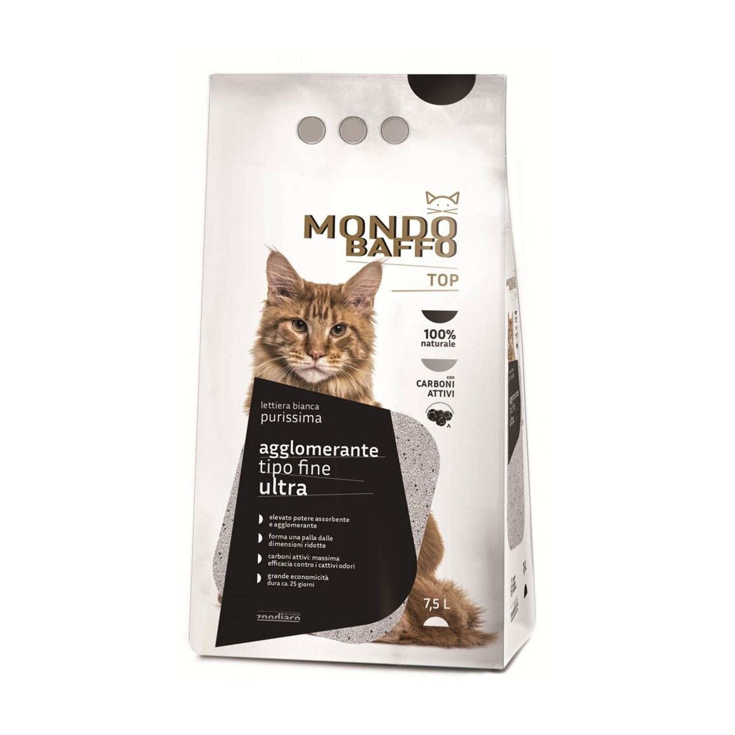 Mondo Baffo Top Lettiera Bianca Purissima Agglomerante Tipo Fine Ultra Con Carboni Attivi Per Gatti 7,5 L