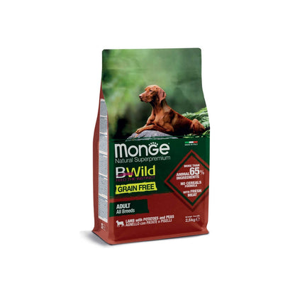Monge BWild Natural SuperPremium Grain Free Formula All Breeds Crocchette Per Cane Adulto Agnello Con Patate E Piselli