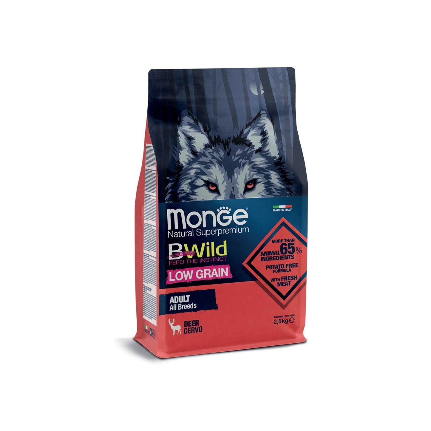 Monge BWild Low Grain All Breeds Adult Deer Crocchette Con Cervo Per Cani Adulti