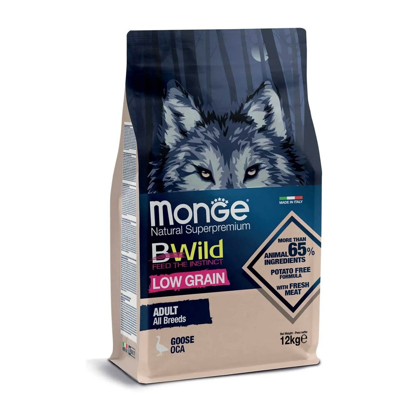 Monge BWild Low Grain All Breeds Adult Goose Crocchette Con Oca Per Cani Adulti