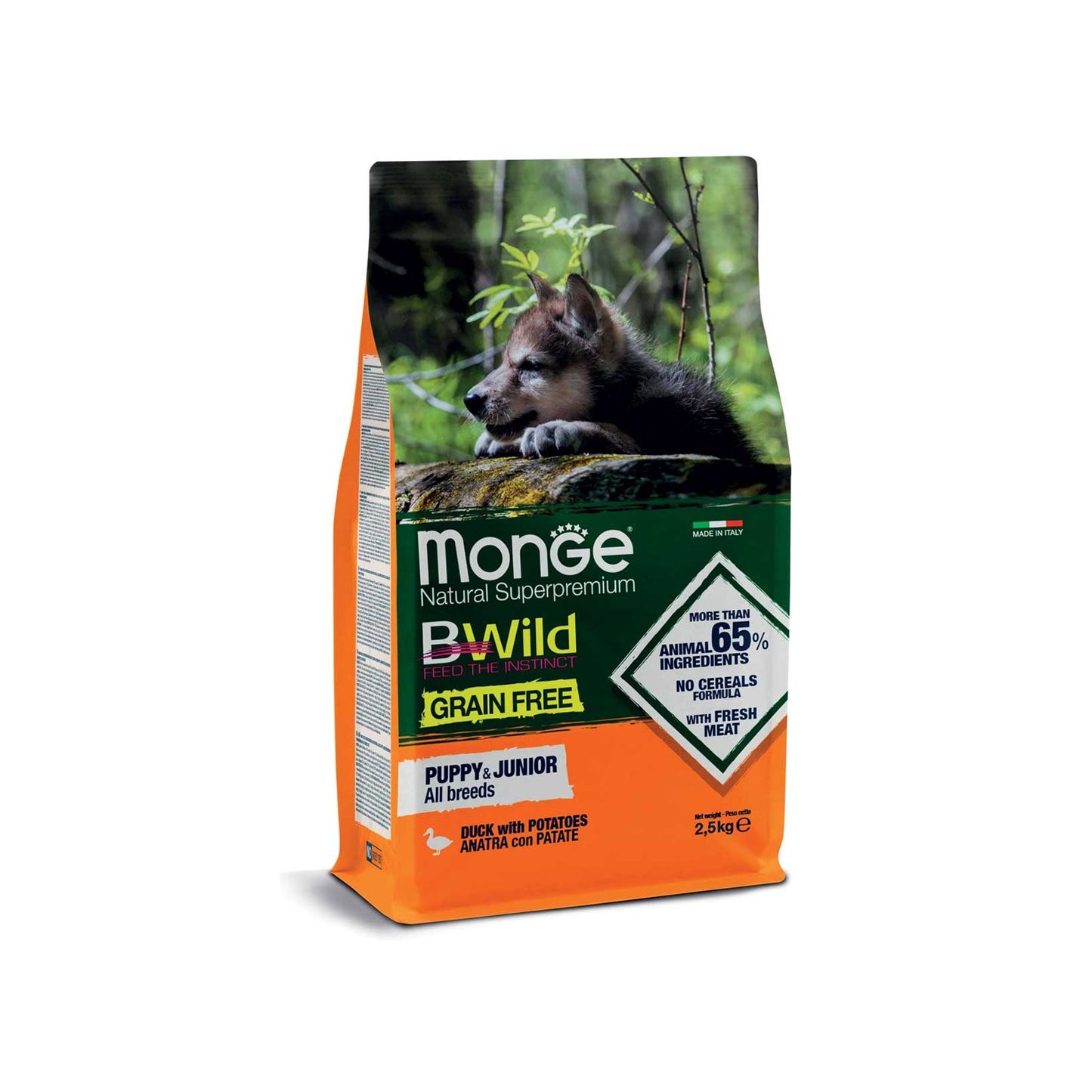 Monge BWild Natural SuperPremium Grain Free Formula All Breeds Puppy & Junior Crocchette Anatra Con Patate Per Cuccioli