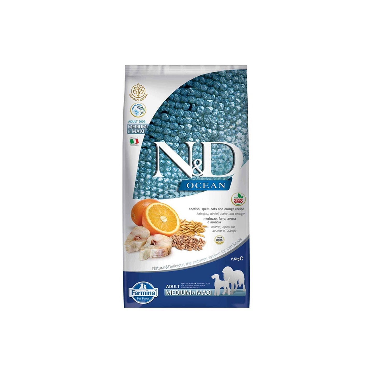 Farmina N&D Ocean Adult Medium&Maxi Crocchette Per Cani Adulti Di Taglia Media e Grande Con Merluzzo, Farro, Avena e Arancia