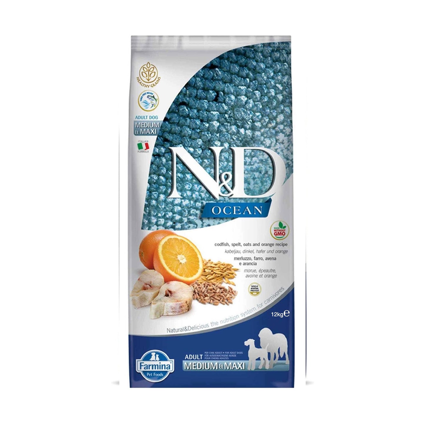 Farmina N&D Ocean Adult Medium&Maxi Crocchette Per Cani Adulti Di Taglia Media e Grande Con Merluzzo, Farro, Avena e Arancia