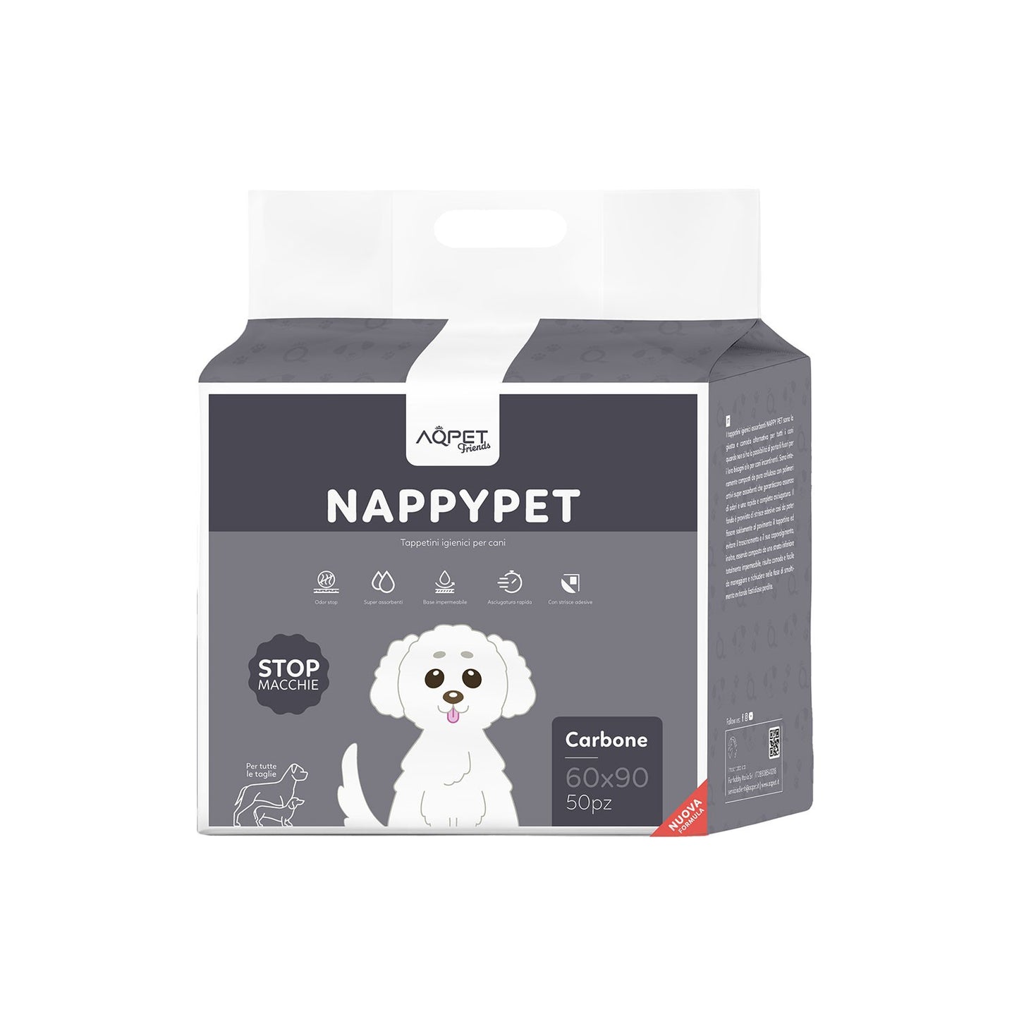 AqpetFriends Nappy Pet Carbo Tappetino Assorbente Con Strisce Adesive Al Carbone Attivo 50 pz