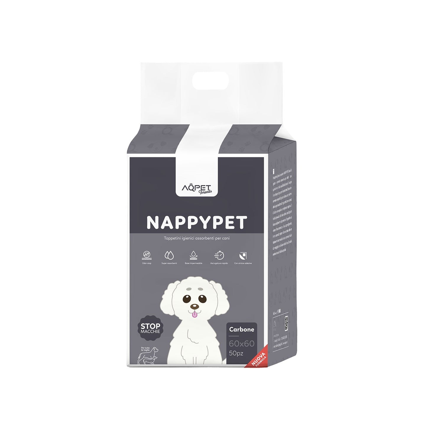AqpetFriends Nappy Pet Carbo Tappetino Assorbente Con Strisce Adesive Al Carbone Attivo 50 pz