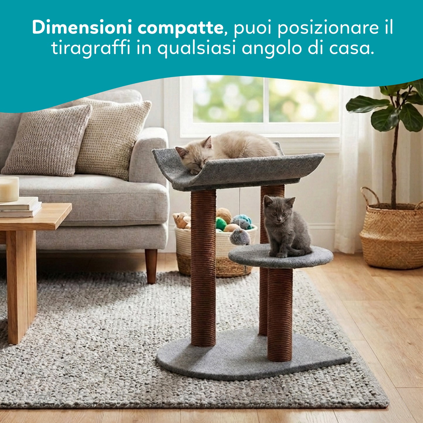 AqpetFriends Lisbon Tiragraffi Grigio in Sisal 58 cm – Colonna Tiragraffi con Piattaforme e Gioco