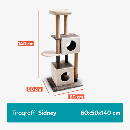 AqpetFriends Sidney Tiragraffi a Piani 140 cm – Albero Tiragraffi per Gatti con Sisal, Cucce e Giochi