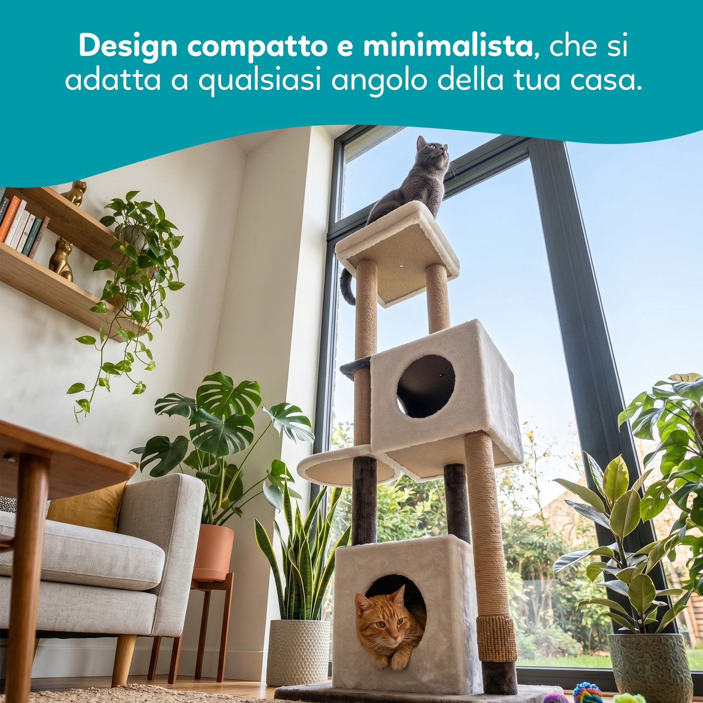 AqpetFriends Sidney Tiragraffi a Piani 140 cm – Albero Tiragraffi per Gatti con Sisal, Cucce e Giochi