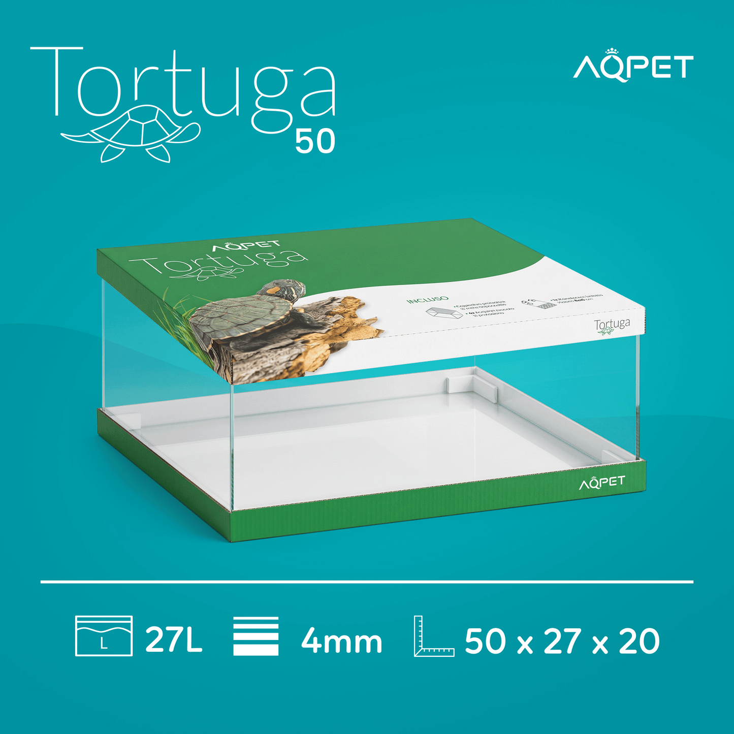 Aqpet Tortuga 50 Tartarughiera In Vetro Con Coperchio E Isola Per Tartarughe D'acqua 27L