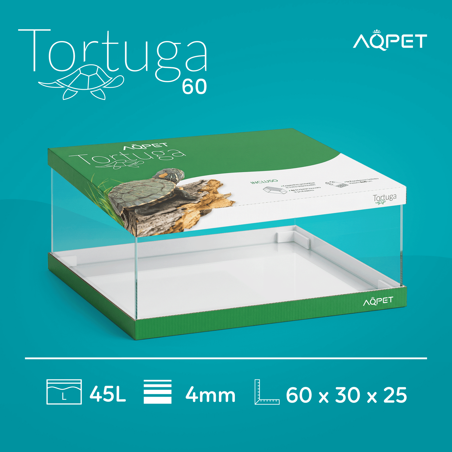 Aqpet Tortuga 60 Tartarughiera In Vetro Con Coperchio E Isola Per Tartarughe D'acqua 45L
