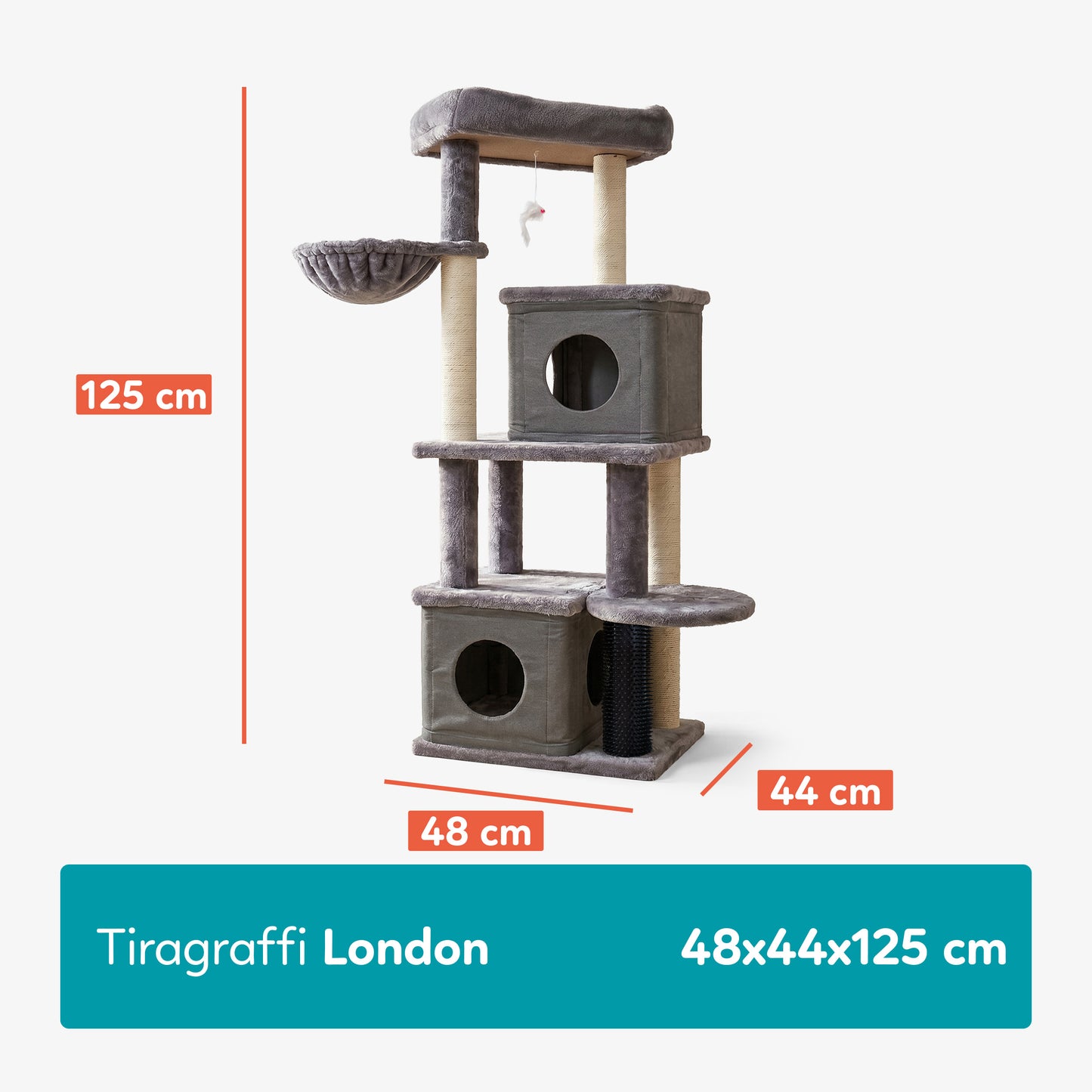 AqpetFriends London Tiragraffi Trespolo per Gatti 125 cm – Tiragraffi con Cucce, Amaca e Sisal