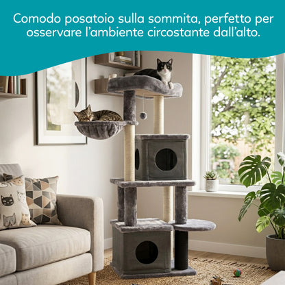 AqpetFriends London Tiragraffi Trespolo per Gatti 125 cm – Tiragraffi con Cucce, Amaca e Sisal