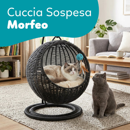 AqpetFriends Morfeo Cuccia Sospesa per Gatti – Nido in Rattan con Cuscino e Gioco Integrato