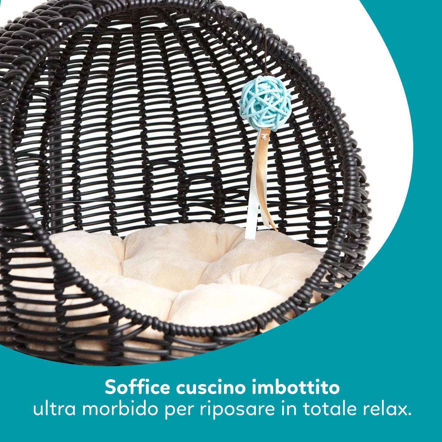 AqpetFriends Morfeo Cuccia Sospesa per Gatti – Nido in Rattan con Cuscino e Gioco Integrato
