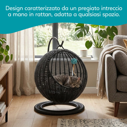 AqpetFriends Morfeo Cuccia Sospesa per Gatti – Nido in Rattan con Cuscino e Gioco Integrato