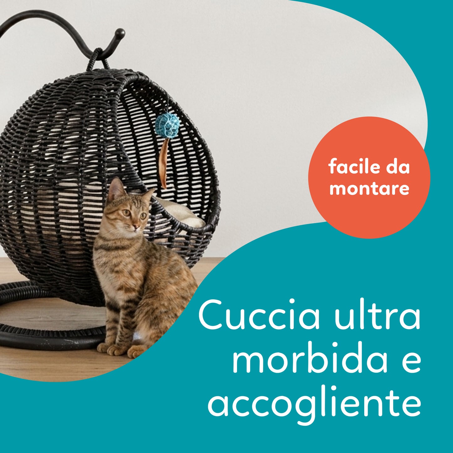 AqpetFriends Morfeo Cuccia Sospesa per Gatti – Nido in Rattan con Cuscino e Gioco Integrato