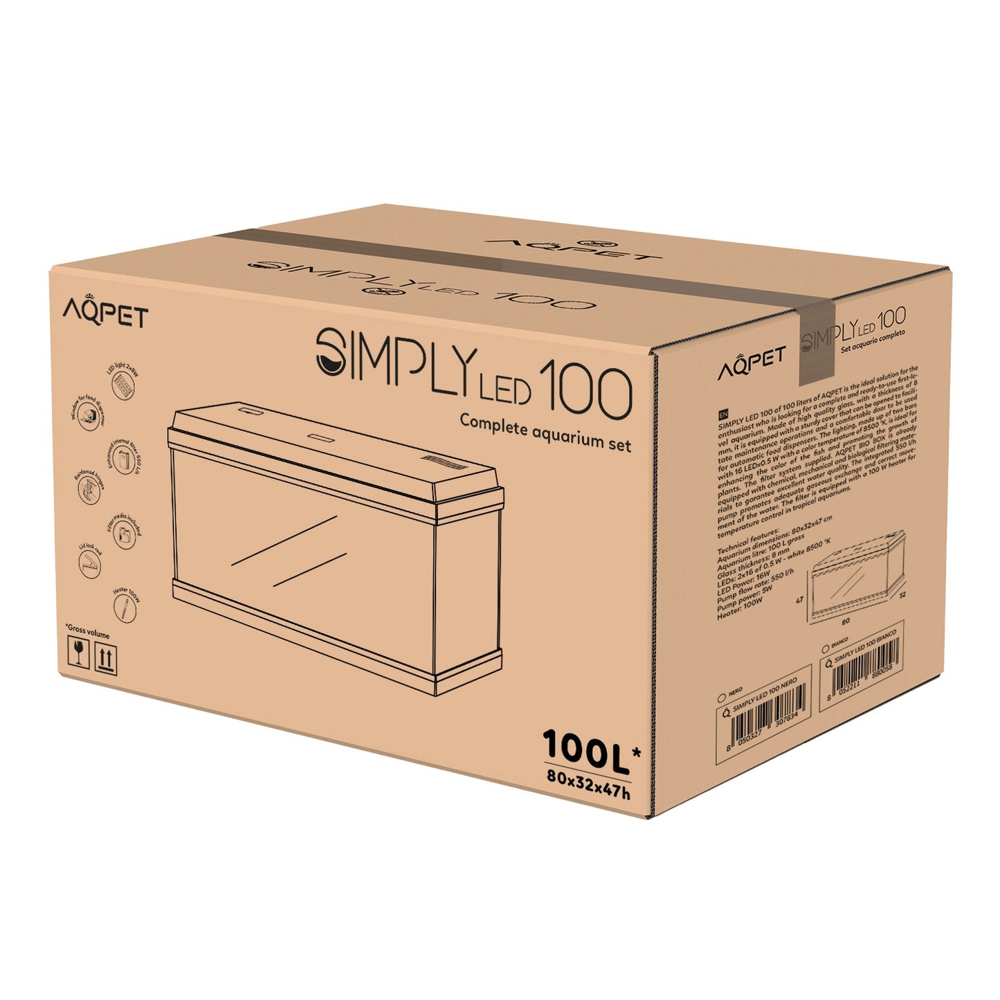 Aqpet Simply LED 100 Set Acquario Acqua Dolce Completo Di Doppia Luce LED, Filtro E Riscaldatore 100L