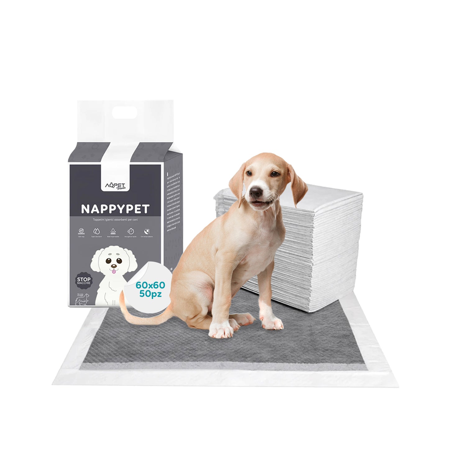 AqpetFriends Nappy Pet Carbo Tappetino Assorbente Con Strisce Adesive Al Carbone Attivo 50 pz